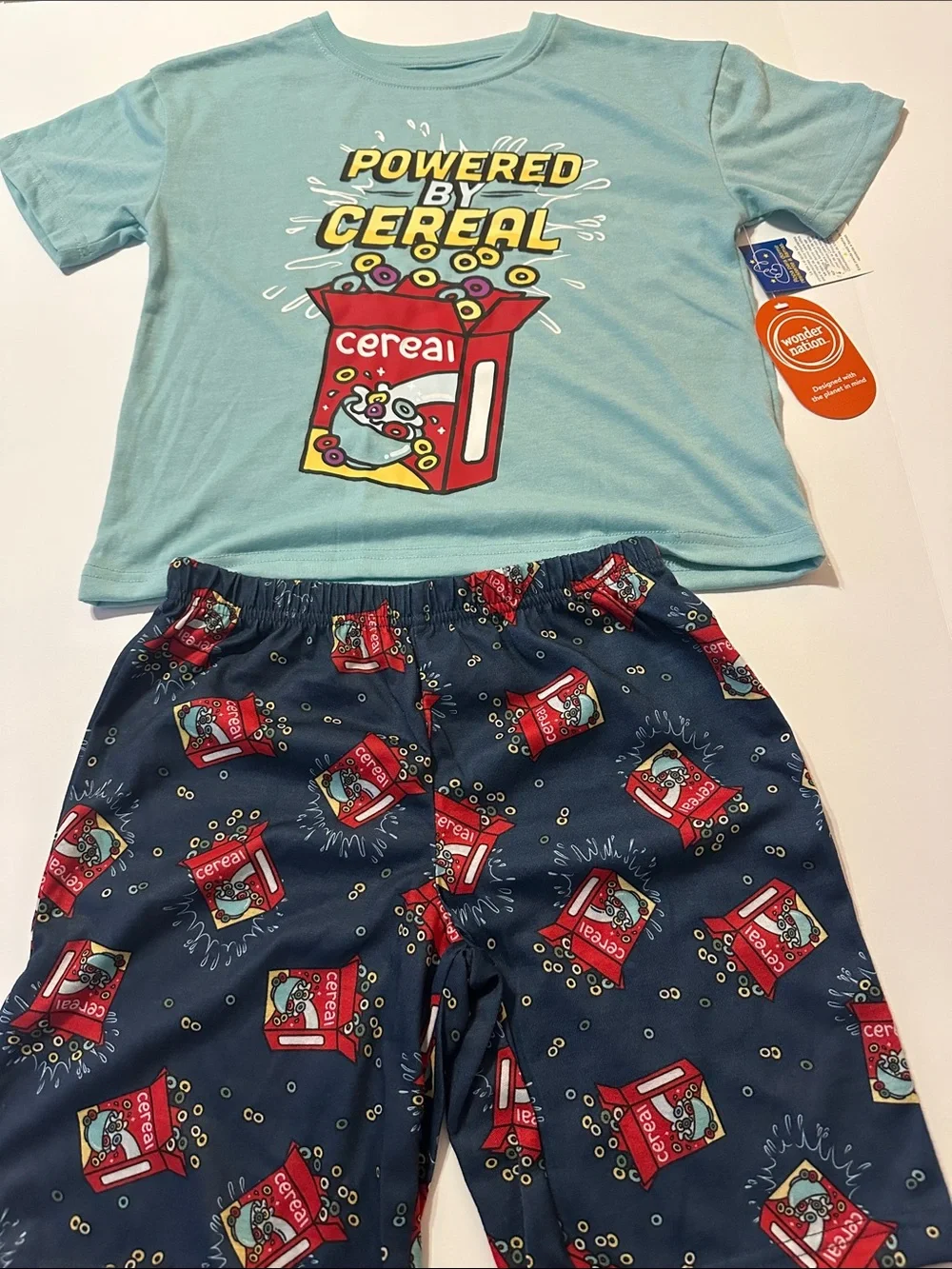 wonder nation Light Blue Tee & Navy Cereal Print Pajama Set